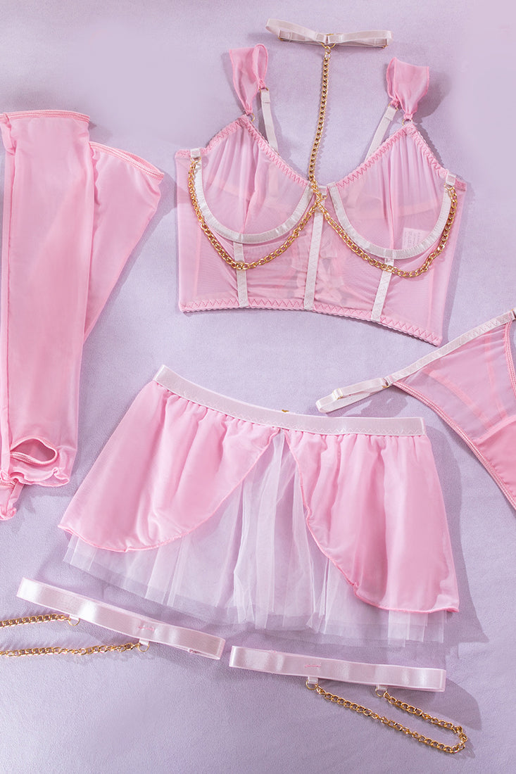 Pink Mesh Lingerie Set Gold Chain Gloves Garters dames