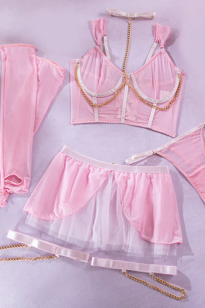 Pink Mesh Lingerie Set Gold Chain Gloves Garters dames