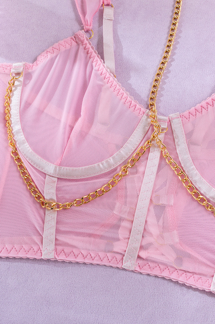 Pink Mesh Lingerie Set Gold Chain Gloves Garters dames