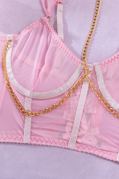 Pink Mesh Lingerie Set Gold Chain Gloves Garters dames