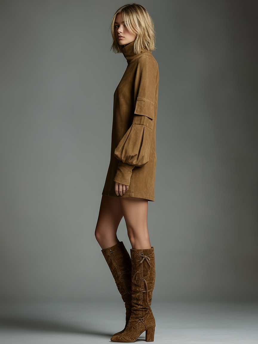 Vintage Wildleder Rollkragen-Minikleid – Müheloser Schicker Stil