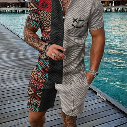 Xylaric | Casual tweedelige set voor heren – T-shirt met reverskraag en korte broek met trekkoord