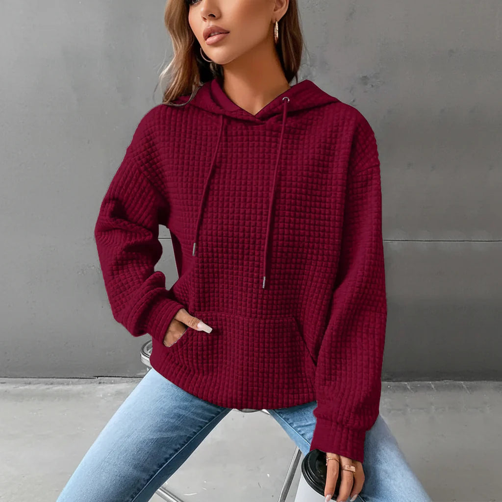 Waffle Grid Kangaroo Pocket Drawstring Hoodies Sweatshirt