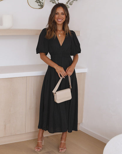 Robe Maxi d’Été Femme à Manches Bouffantes – Style Élégant Col V