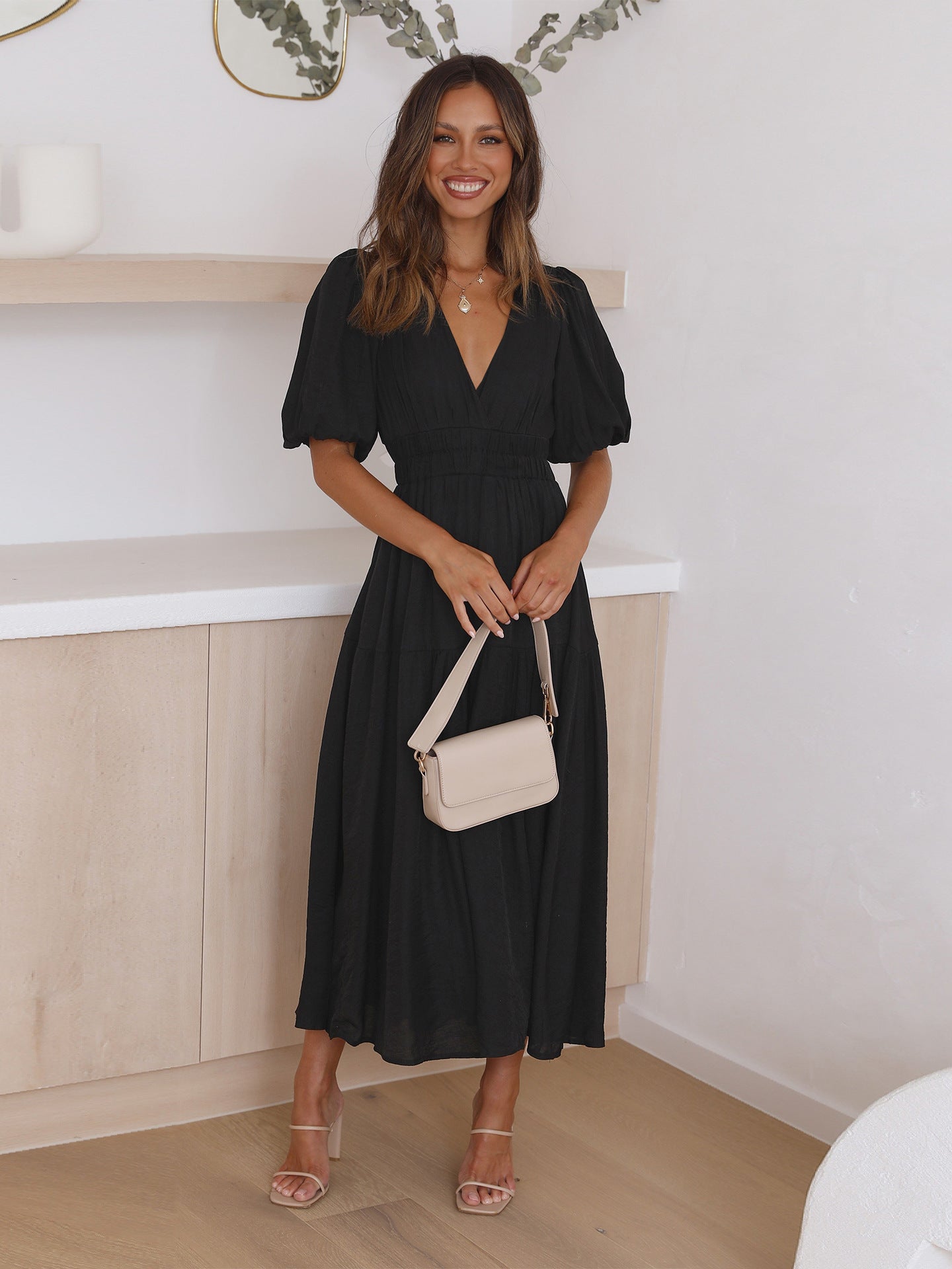 Women's V-Neck Puff Sleeve Midi Dress with Smocked Waist
