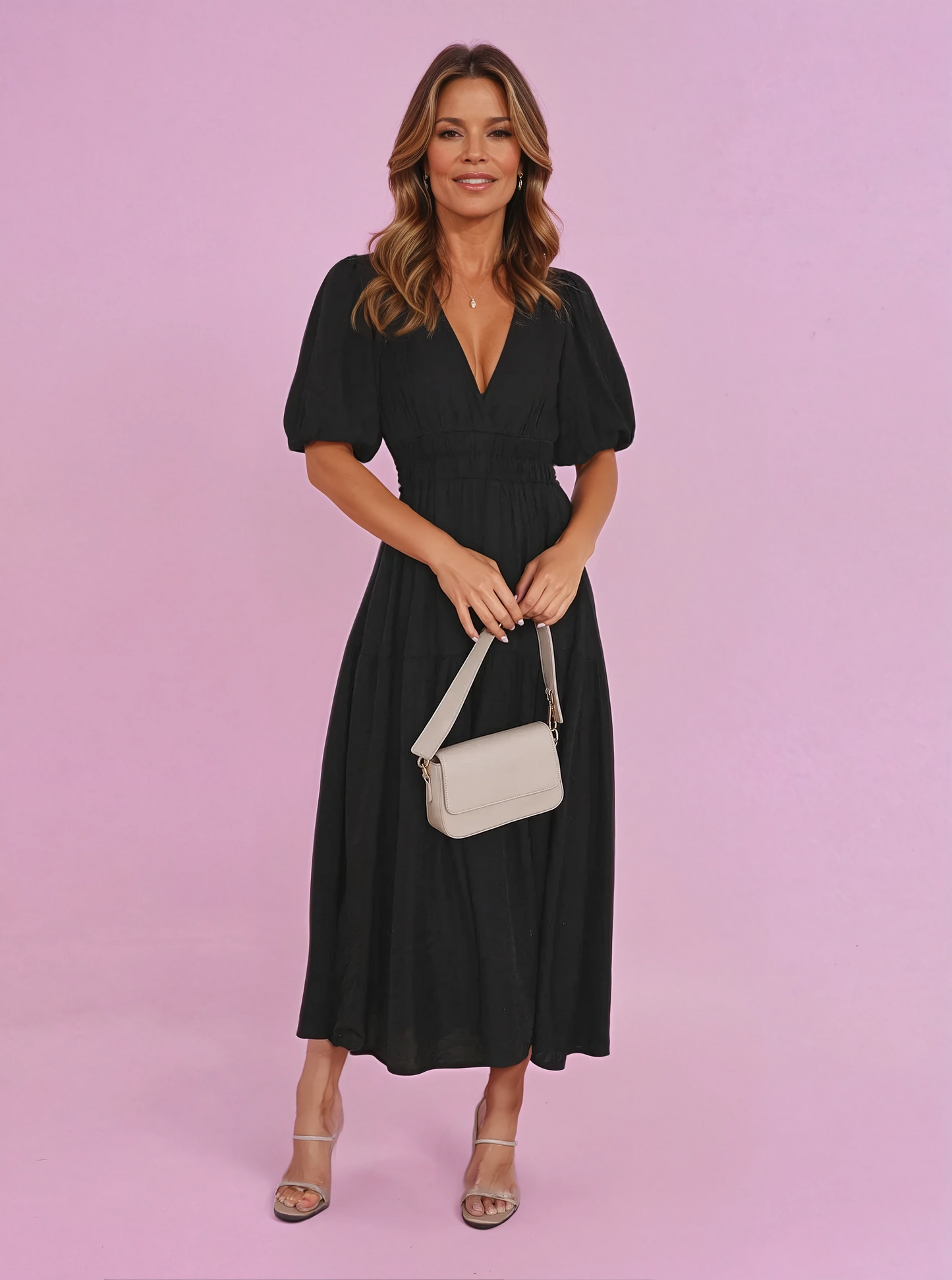 Women's V-Neck Puff Sleeve Midi Dress with Smocked Waist