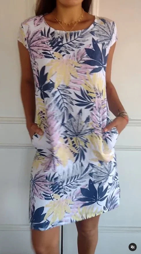 Women's Linen Tropical Print Shift Dress