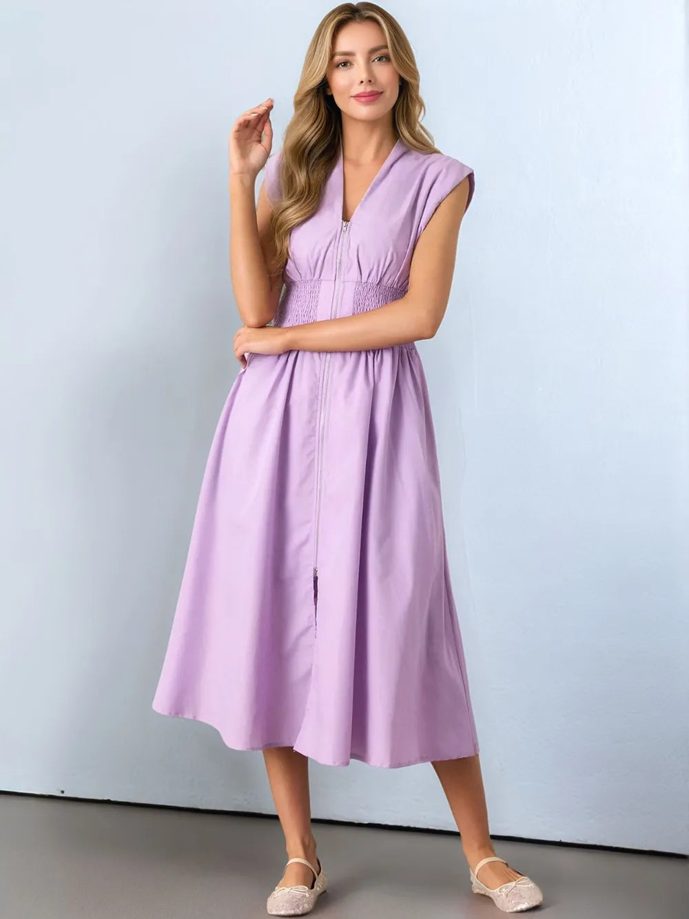 Smocked Zip Front Cap Sleeve Dress