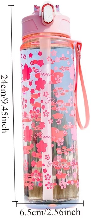 Transparant roze waterfles bidon dames met bloemen patroon en draaglus – herbruikbare sport waterfles met rietje en flip drinkdop voor fitness school reizen outdoor wandelen en dagelijks gebruik