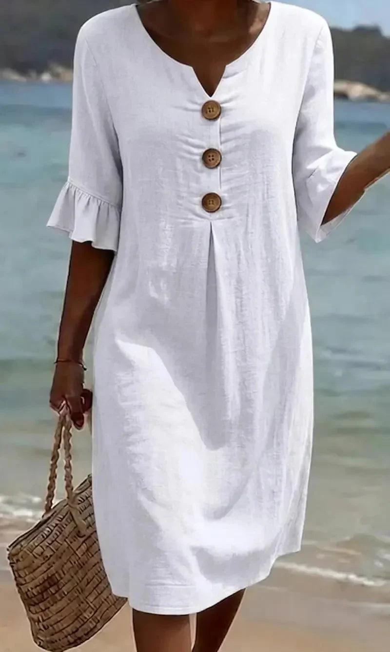 Mlaina - Button Front Ruffle Sleeve Midi Dress