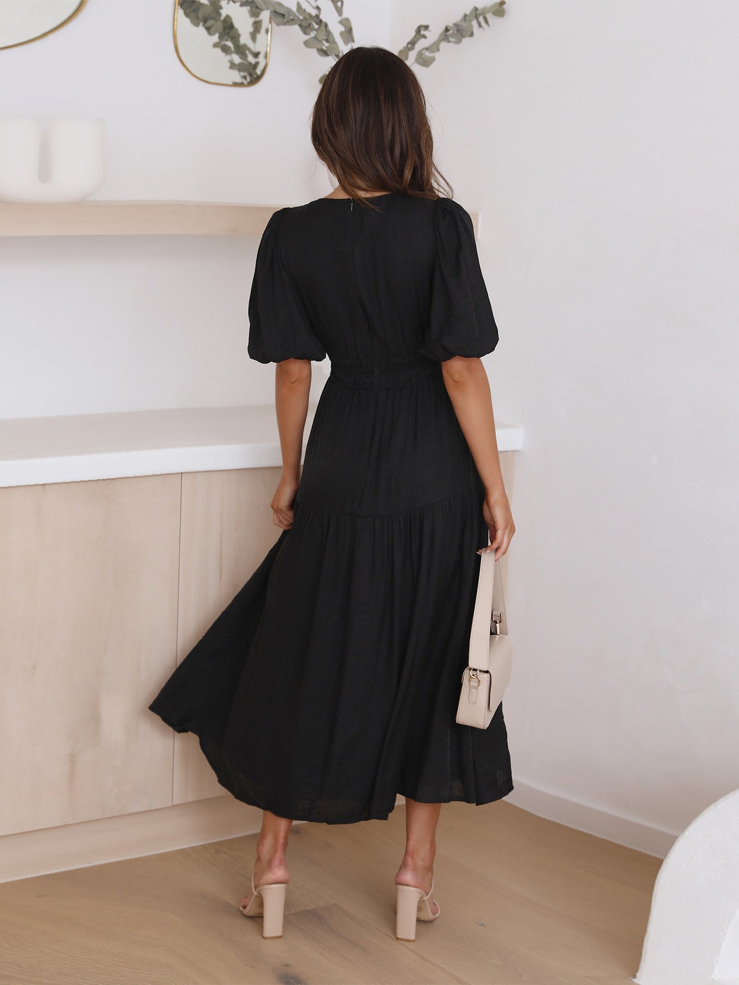 Women's V-Neck Puff Sleeve Midi Dress with Smocked Waist