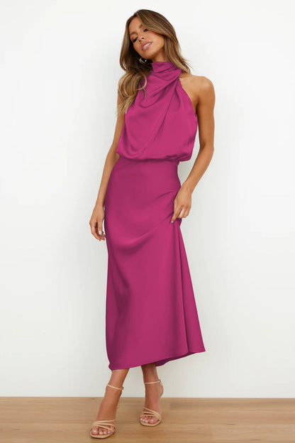 Elegant Ivy Long Satin Dress featuring a sophisticated halter neckline, perfect for weddings and formal events. - 5