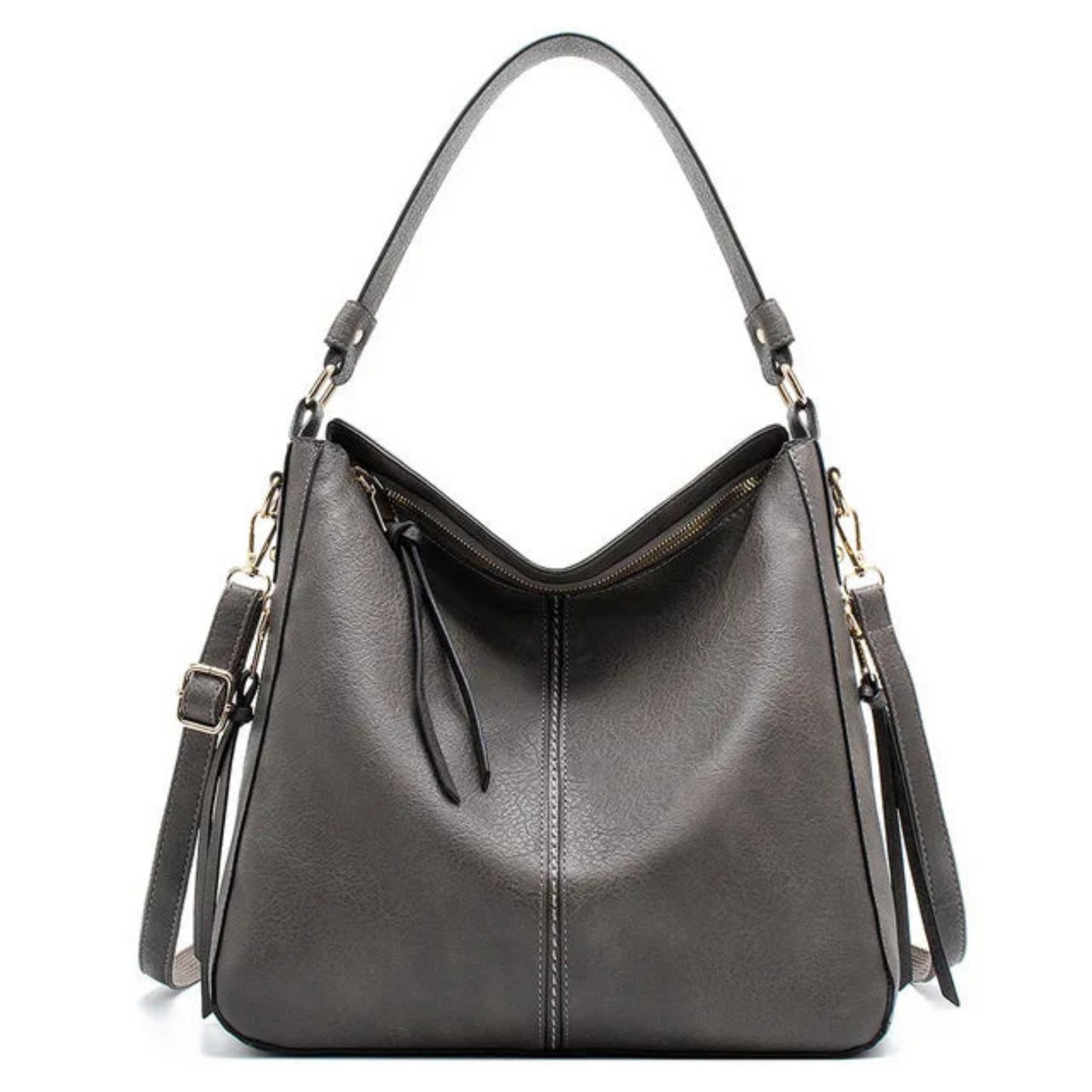 Sac à main en cuir gris élégant avec bandoulière réglable, design moderne et spacieux, idéal pour femme, mode tendance, accessoire chic.