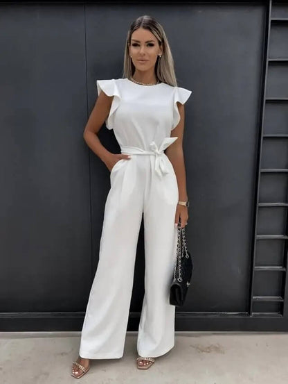 Jumpsuit Linen Blend Wide Leg Belted Summer One Piece