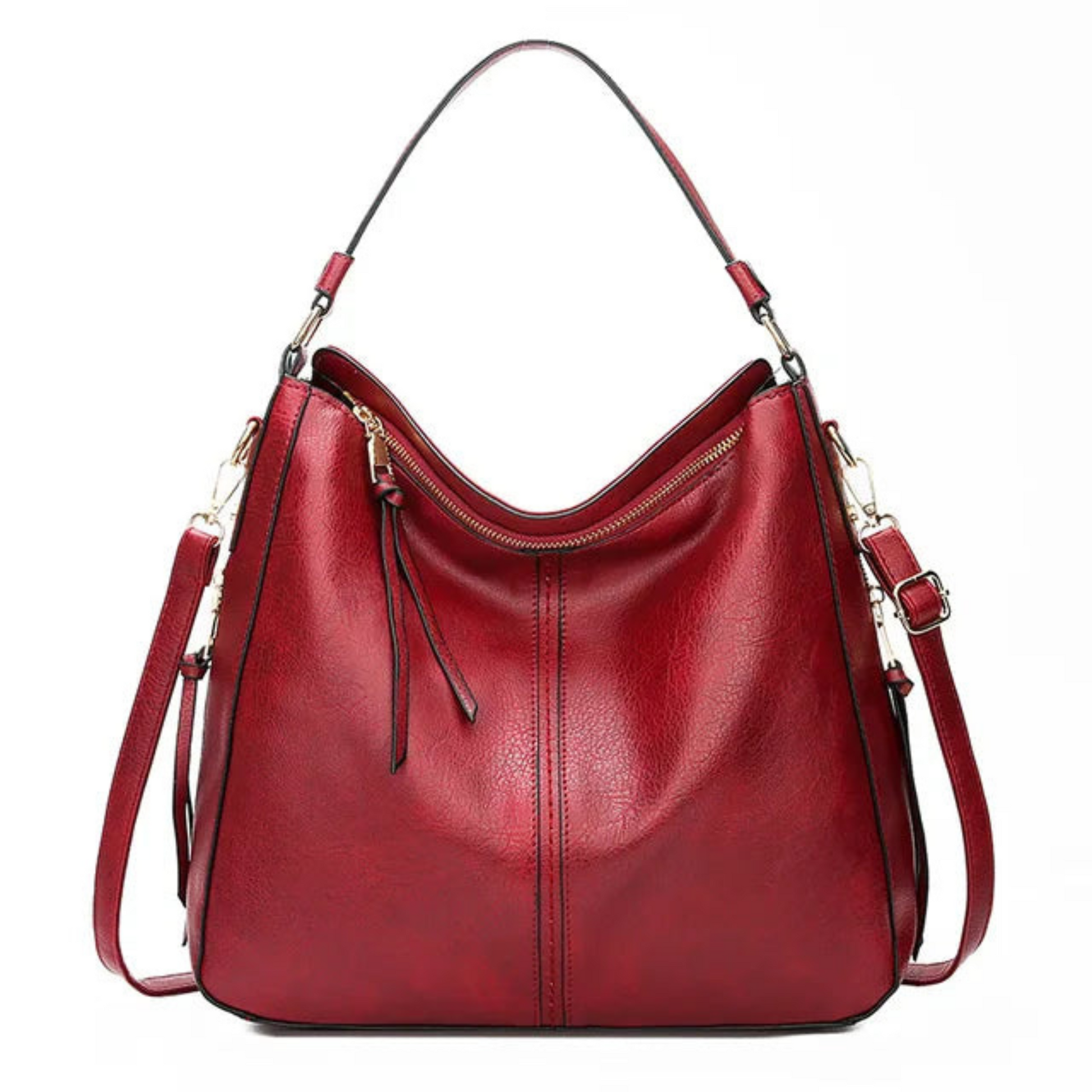 Sac à main en cuir rouge élégant avec bandoulière réglable, fermeture éclair dorée et design moderne. Accessoire mode femme tendance et chic.