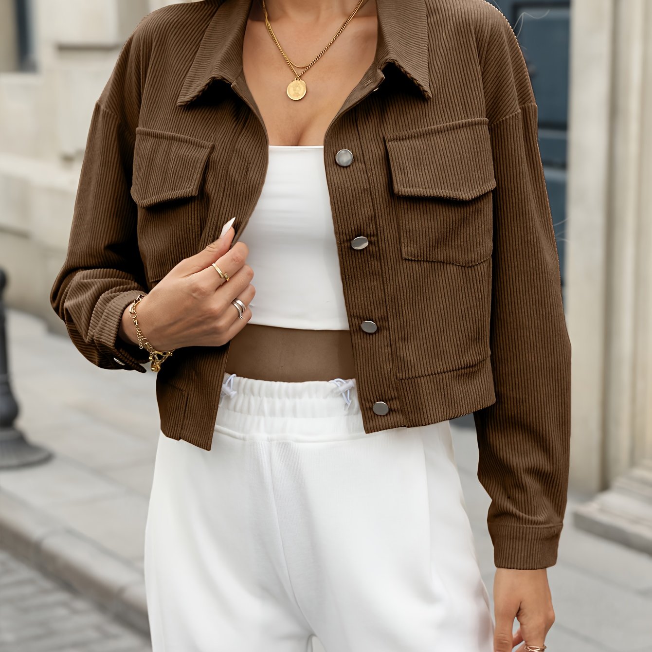 Veste Courte En Velours Côtelé Femme – Style Décontracté Automne Hiver