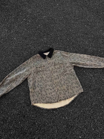 Distressed Cheetah Print Denim Shirt Vintage Style