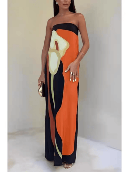 Sleeveless Strapless Color Block Pattern Long Dress