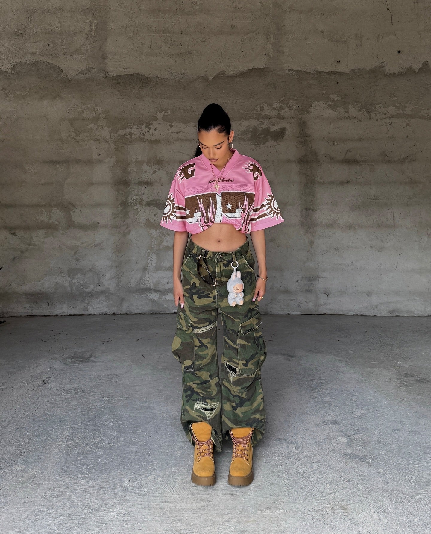 Woven Ripped Camouflage Cargo Baggy Pants