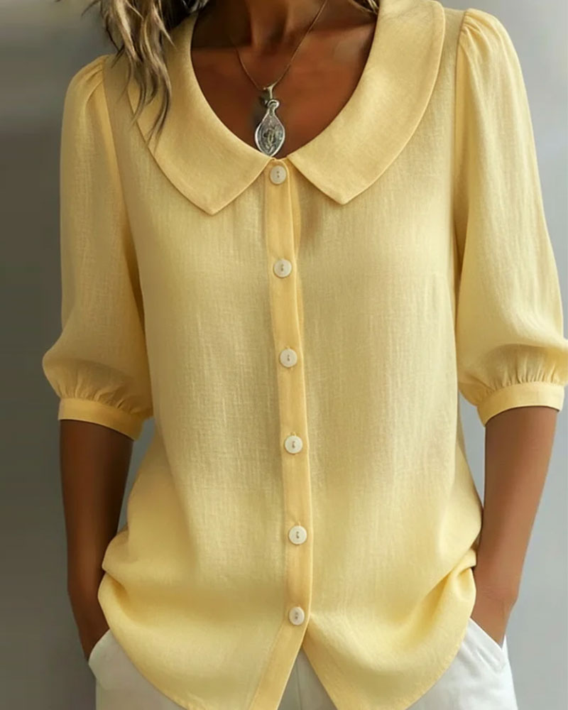 Neslora™ - Chemise femme coton col Peter Pan manches mi-longues élégantes