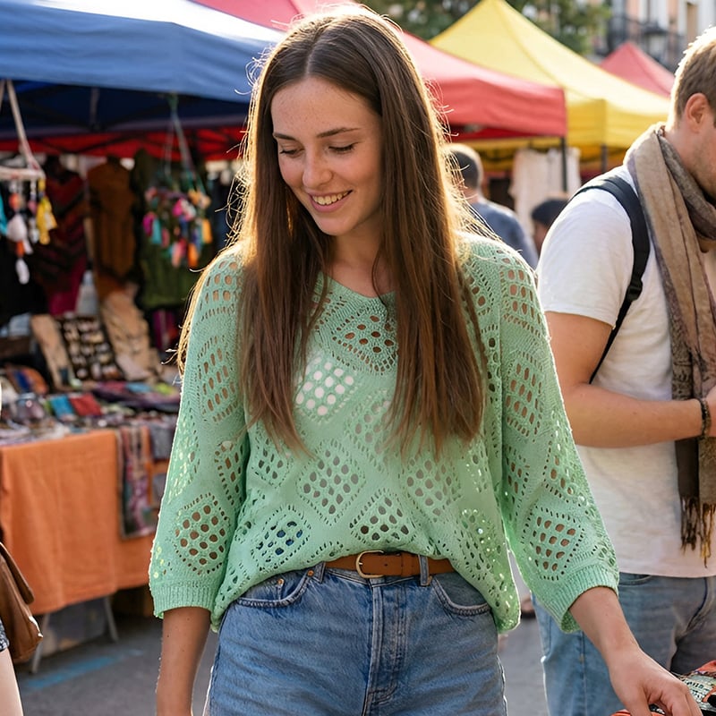BreezeLayer™ Trendy Perforeret Sweater - Komfortabel Boho Dametrøje 🌸