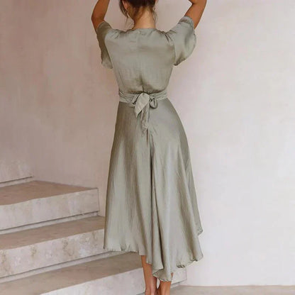 Women's Satin Midi Dress Deep V-Neck Tie Front Flutter Sleeve