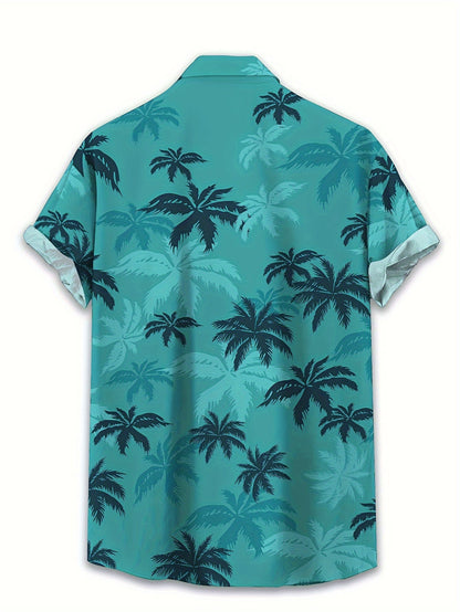 Men's Linen Palm Print Short Sleeve Hawaiian Button Down Shirt