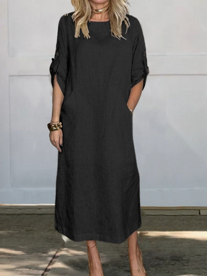 Comfortable plain linen dress with pockets for women