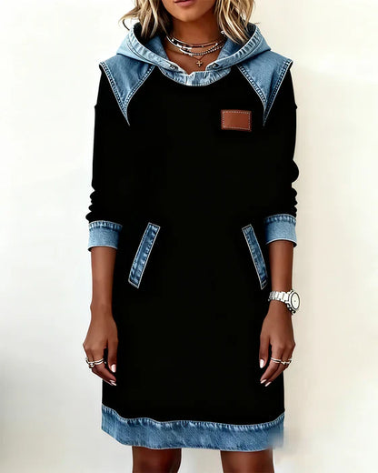 Hooded Sweatshirt Women Fleece Dress Denim Trim Hoodie