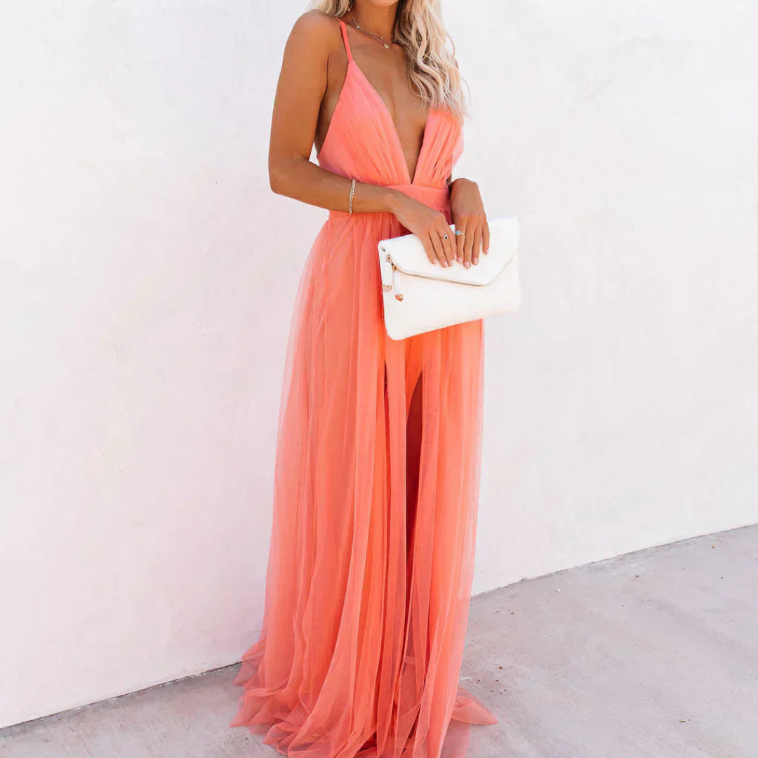 Vestido largo fluido mujer espalda descubierta – elegante verano