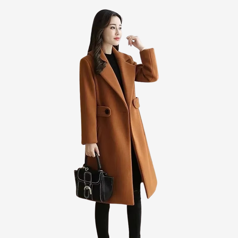 Faith - Long Sleeve Long Coat with Belted Waist and Side Pockets