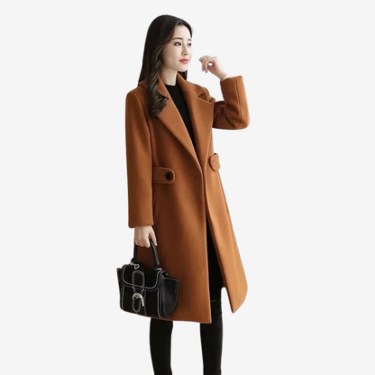 Faith - Long Sleeve Long Coat with Belted Waist and Side Pockets