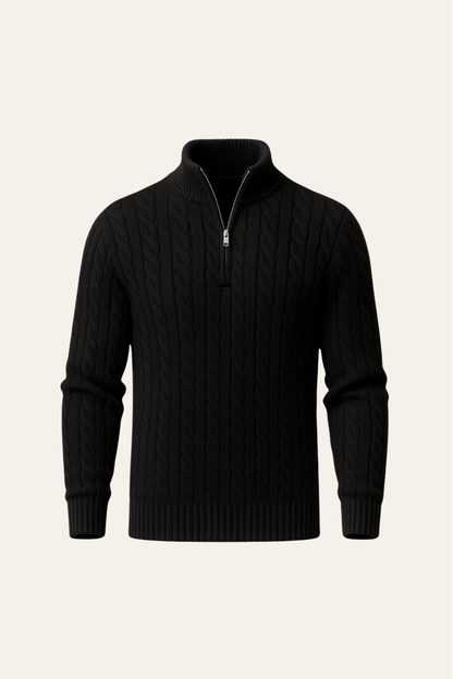 Emiral Couture black cable knit sweater featuring a cozy design and textured fabric for a stylish winter look.
