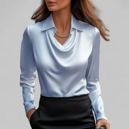 Rose | Women drapowany Neck z długim rękawem Satin Blouses