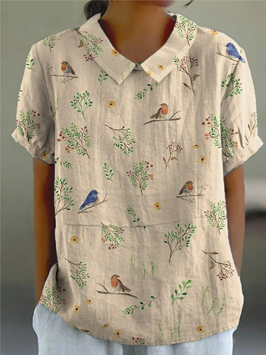 Linen Robin Bird Print Women's Casual Button-Down Shirt and Dress