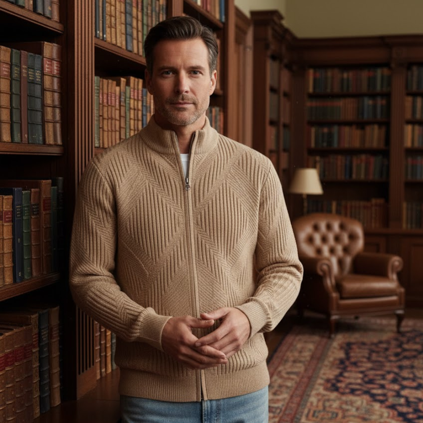 Veste en maille homme motifs géométriques col montant protecteur