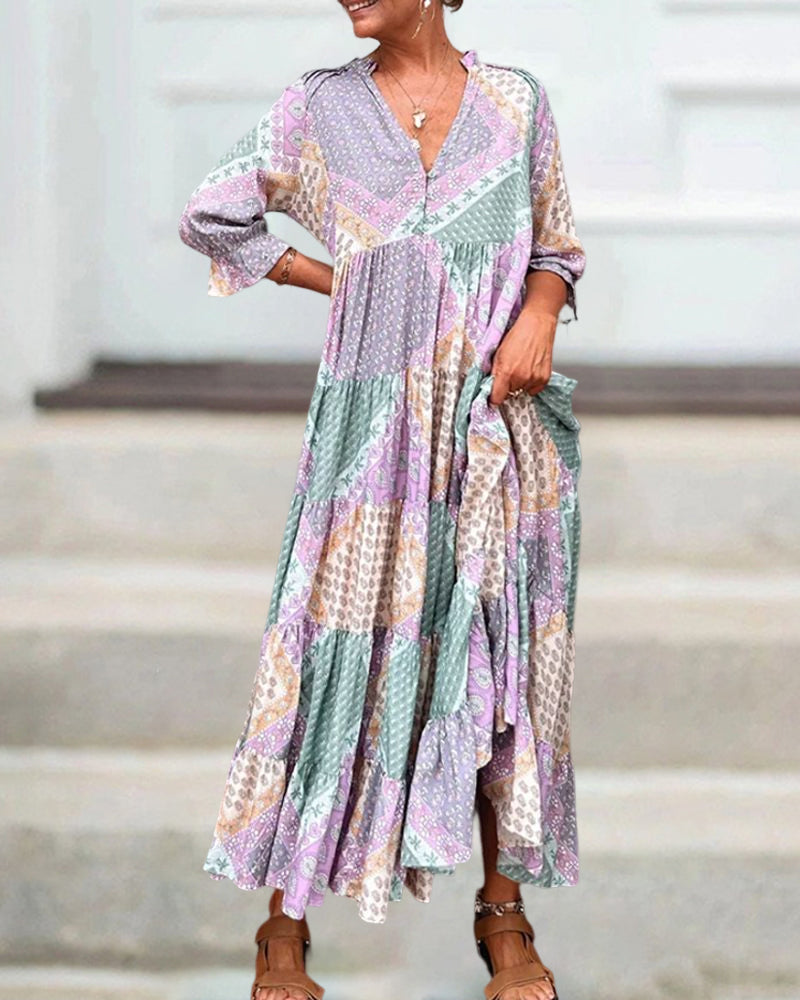 Robe Femme Maxi Imprimé Patchwork Coupe Ample Col V Manches 3/4