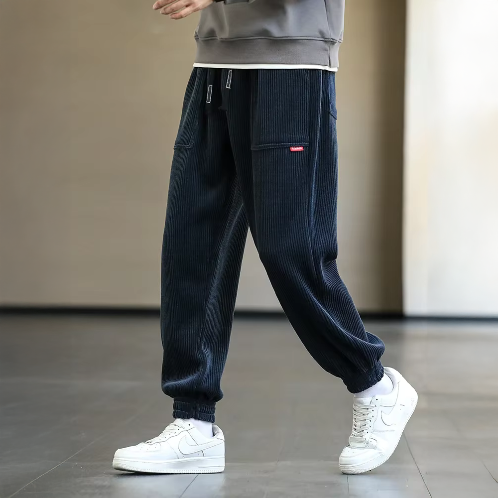 Men's Streetwear Style Corduroy Trousers with Elastic Waist and Cuffs