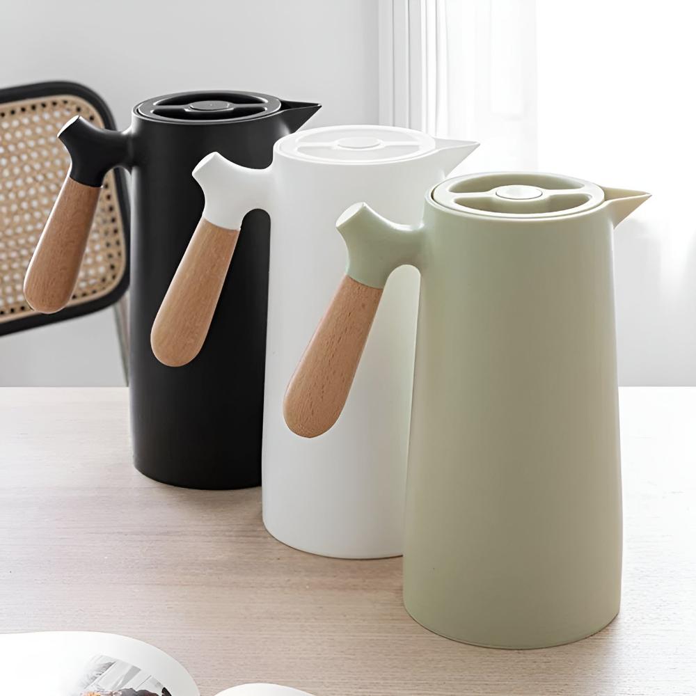 Geïsoleerde Karaf 1 Liter Houten Handvat Dubbelwandig Koffiekaraf Thermos Scandinavisch Design Groen Wit Zwart Rood Bruin | Restfield