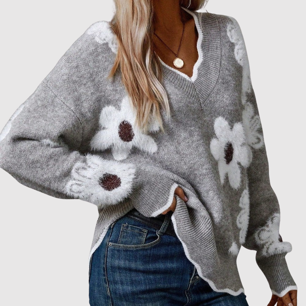 Amelia – Damski sweter z kwiatowym wzorem i dekoltem w serek