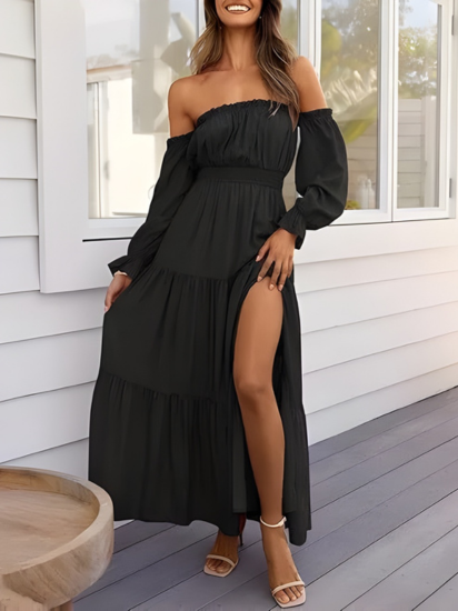Robe longue bohème à épaules dénudées pour femme – Robe d'été trapèze fendue et à volants