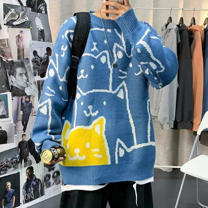 Jasper – Long Sleeve Cat Print Sweater With Round Neck