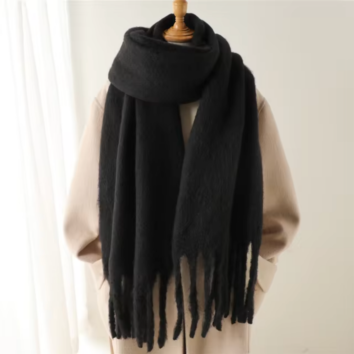 Women's Wool Mix Oversized Tassel Knit Scarf Heavyweight Chunky Wrap