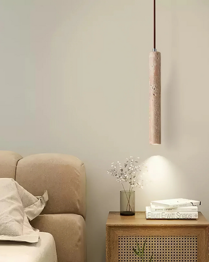 Natuurlijke travertin hanglamp met cilindervormig design voor eetkamer en hal – Japandi natuursteen verlichting | Restfield