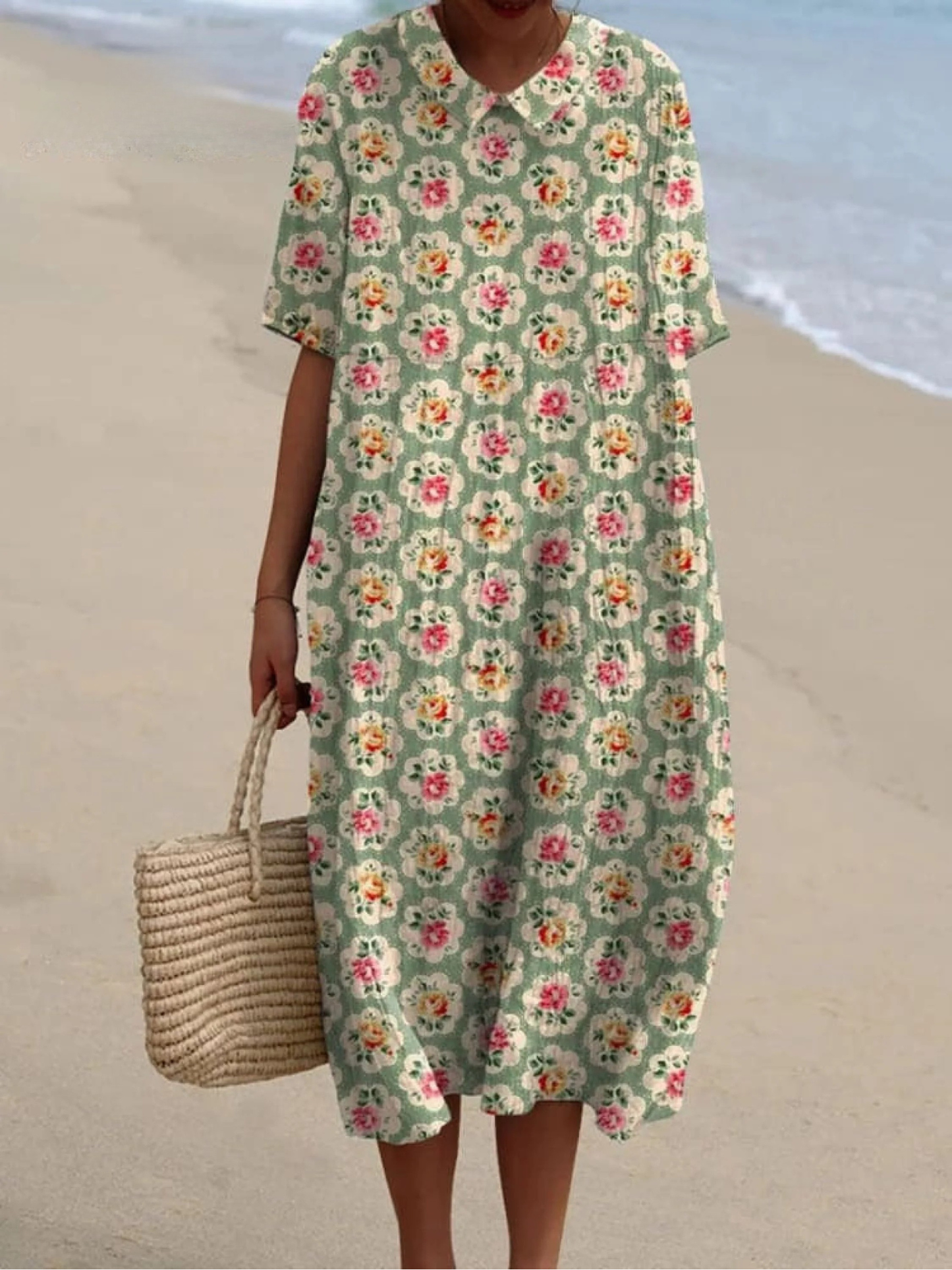 Women's Linen V-Neck Floral Print Midi Dress