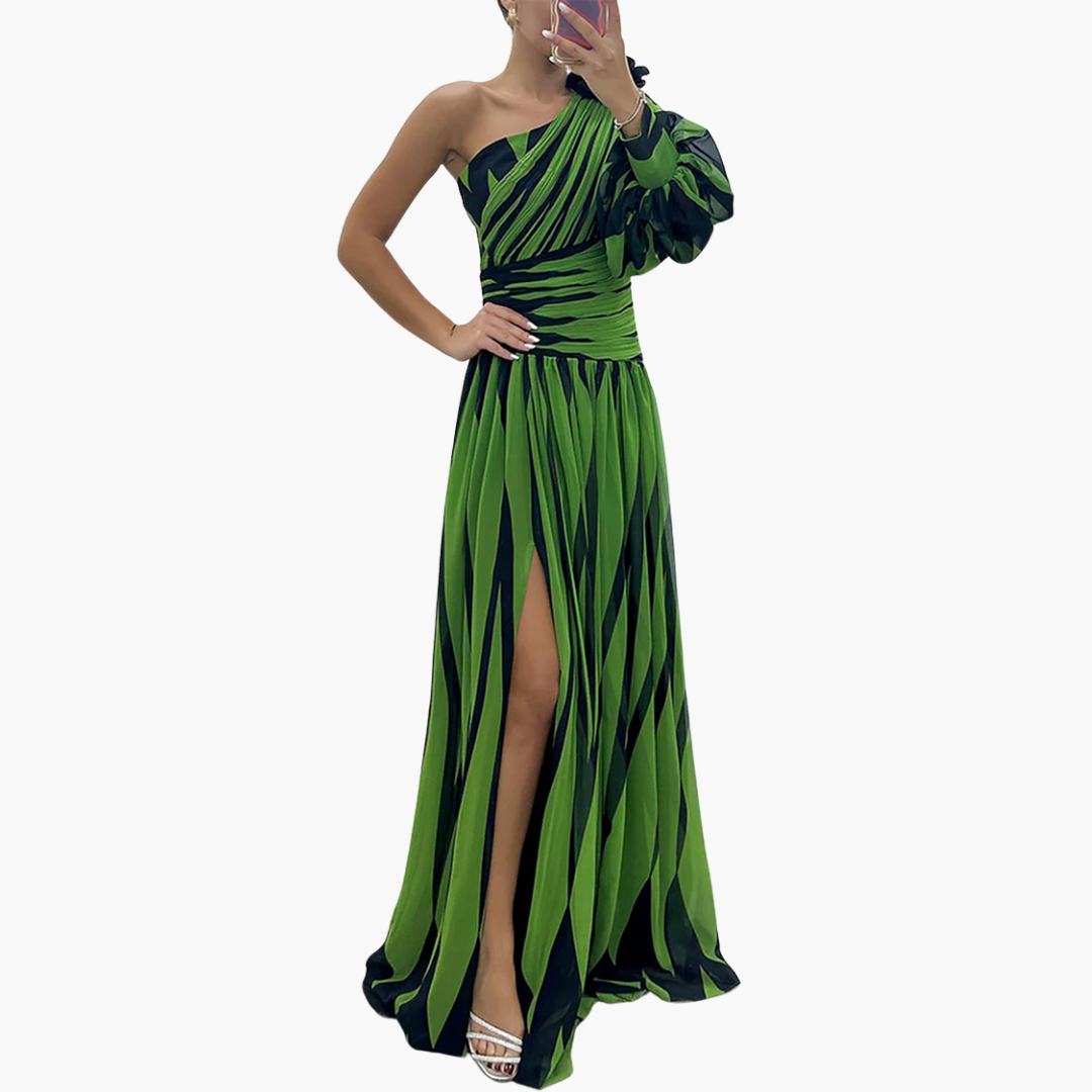 Susan - Ein-schultriges - Print Puff Ärmel Maxi Kleid mit Schlitz