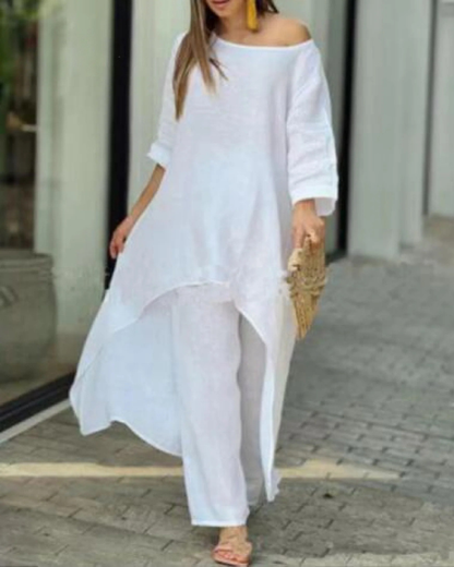 Women's Linen Two Piece Set High Low Tunic and Trousers Co-ord