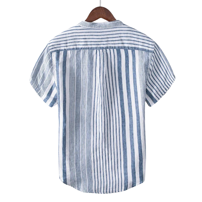 Chemise à manches mi-longues en lin à col rond avec poche poitrine