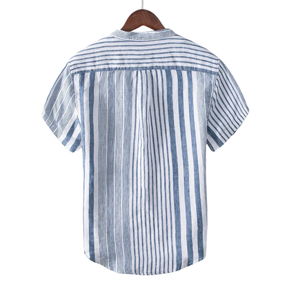 Chemise à manches mi-longues en lin à col rond avec poche poitrine