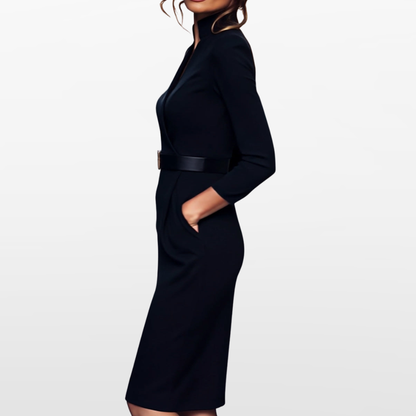Women Tailored Midi Dress Belted Silhouette